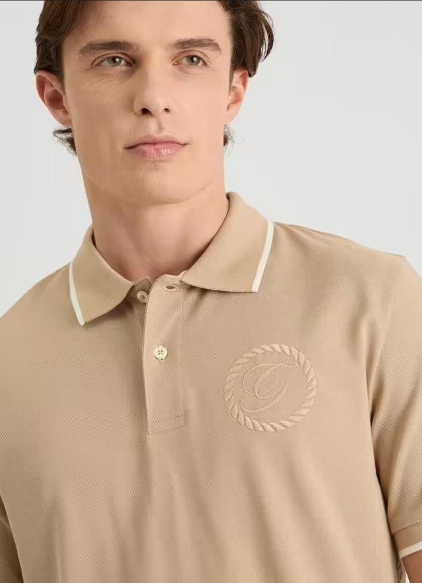 Men’s Beige Polo T-Shirt with White Piping Detail