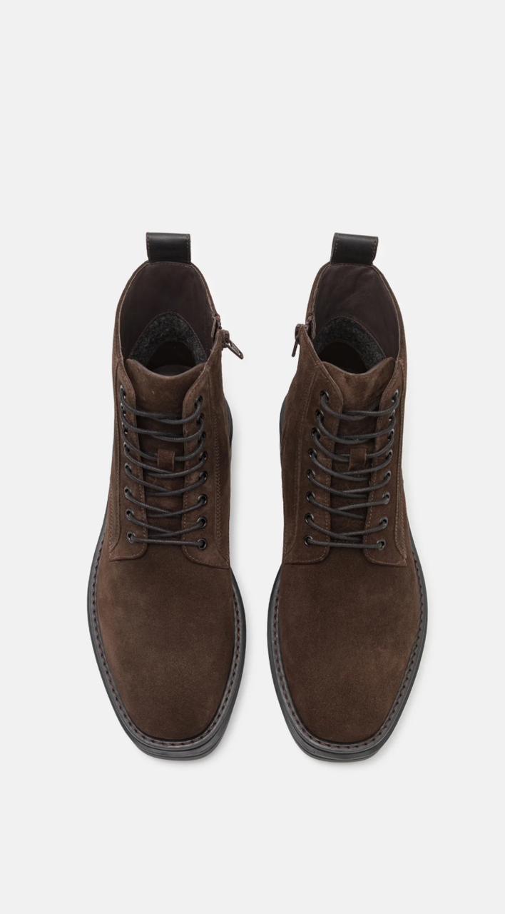 Zara Men's Suede Leather Boots – Dark Brown Lace-Up Elegance