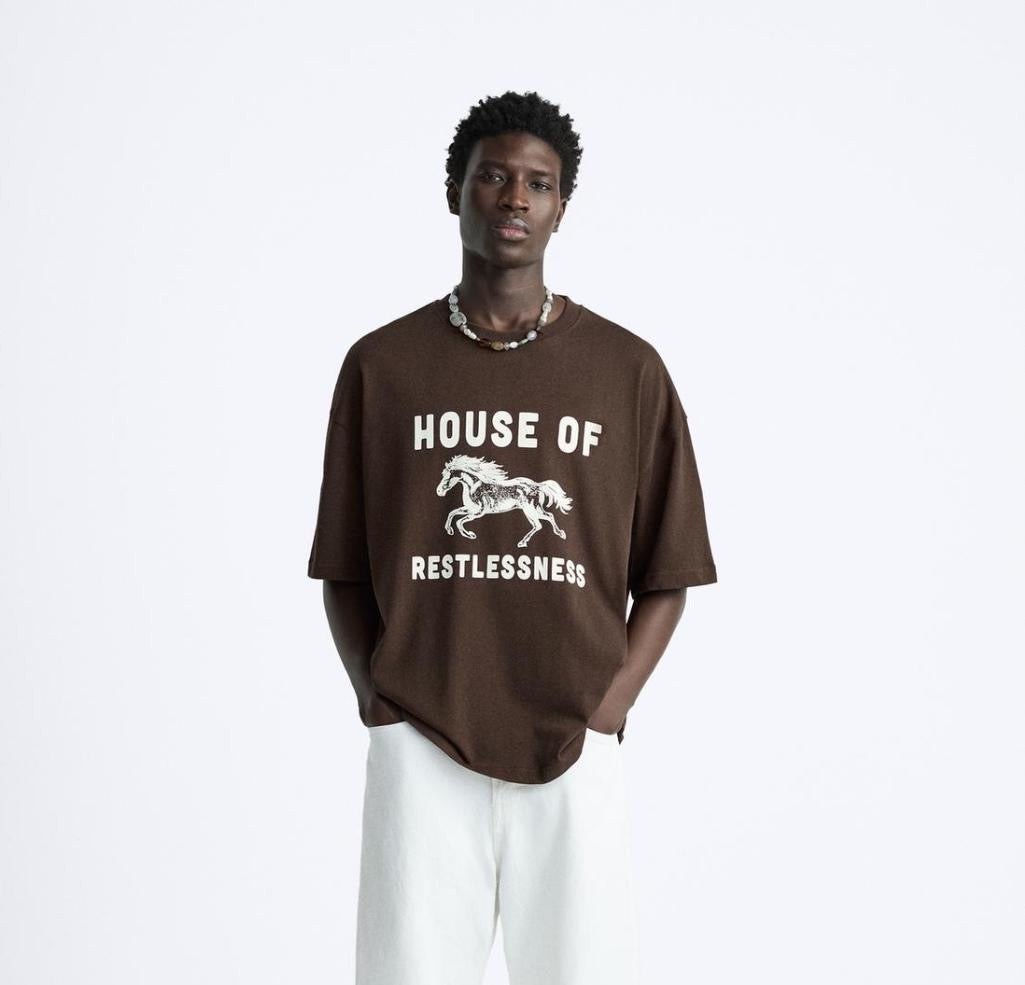 ZARA Men’s Brown Oversized T-Shirt with Horse Print