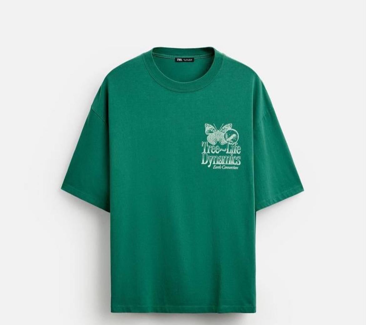 ZARA Men’s Green Oversized T-Shirt with Graphic Print