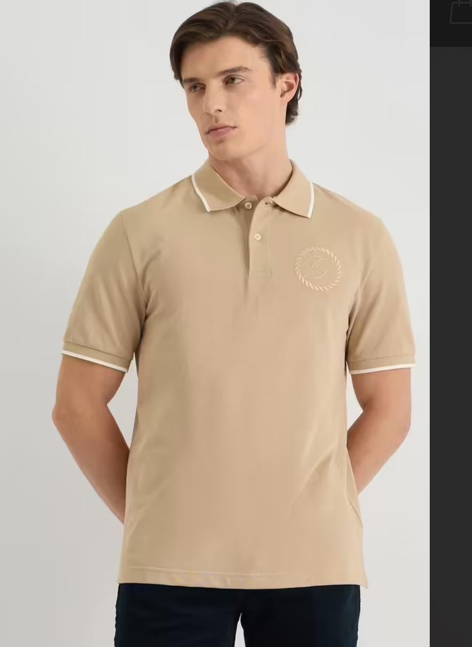 Men’s Beige Polo T-Shirt with White Piping Detail