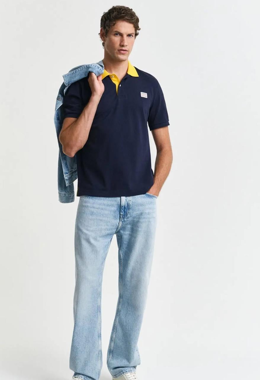 Men’s Navy Blue Polo T-Shirt with Contrast Yellow Collar