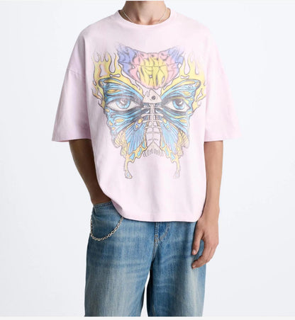 ZARA Men’s Pink T-Shirt with Graphic Butterfly Print