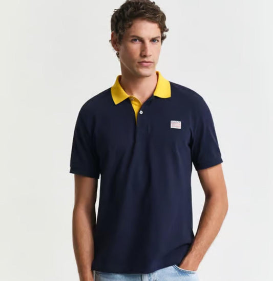 Men’s Navy Blue Polo T-Shirt with Contrast Yellow Collar