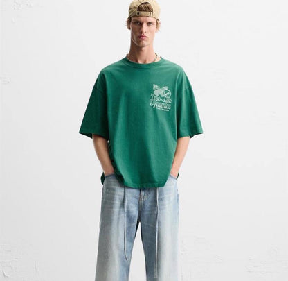 ZARA Men’s Green Oversized T-Shirt with Graphic Print