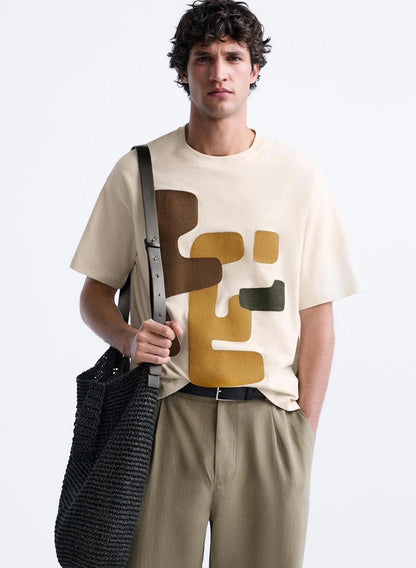 ZARA Men’s Beige T-Shirt with Textured Abstract Design