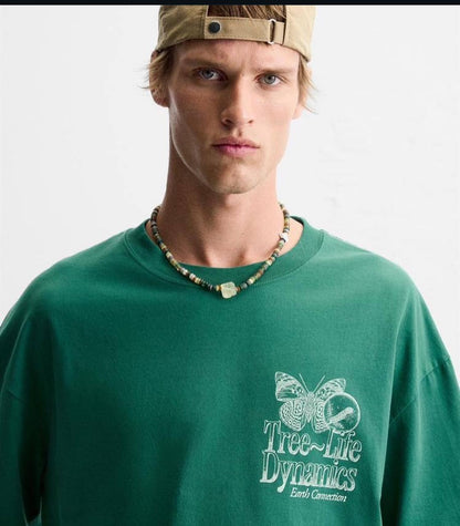 ZARA Men’s Green Oversized T-Shirt with Graphic Print