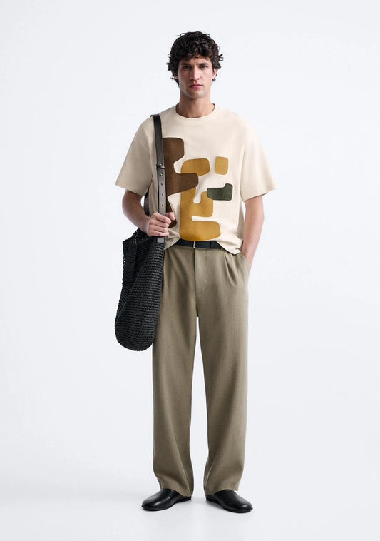 ZARA Men’s Beige T-Shirt with Textured Abstract Design