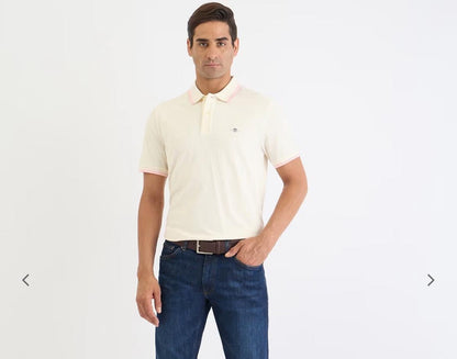 Men’s Classic Polo T-Shirt in Off-White with Pink Trim