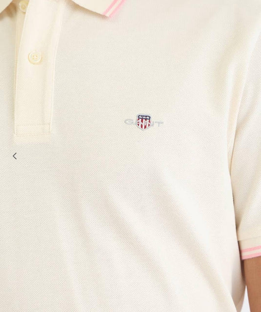 Men’s Classic Polo T-Shirt in Off-White with Pink Trim