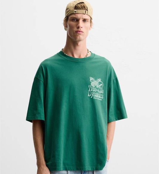 ZARA Men’s Green Oversized T-Shirt with Graphic Print