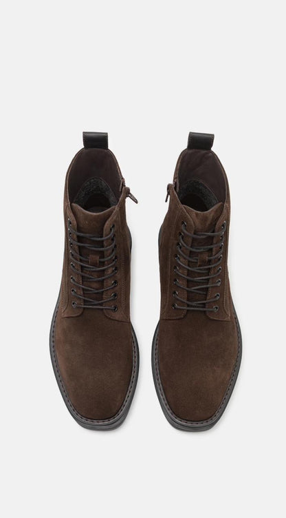 Zara Men's Suede Leather Boots – Dark Brown Lace-Up Elegance