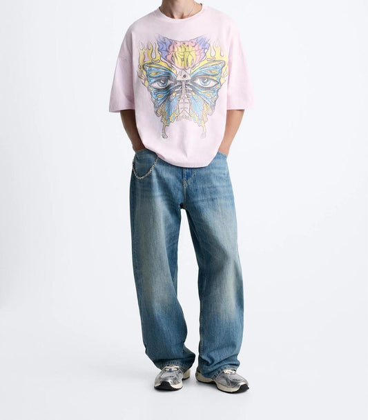 ZARA Men’s Pink T-Shirt with Graphic Butterfly Print