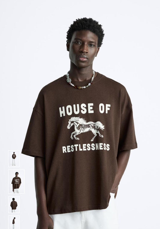 ZARA Men’s Brown Oversized T-Shirt with Horse Print