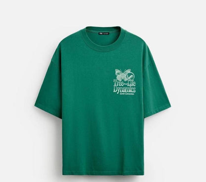 ZARA Men’s Green Oversized T-Shirt with Graphic Print