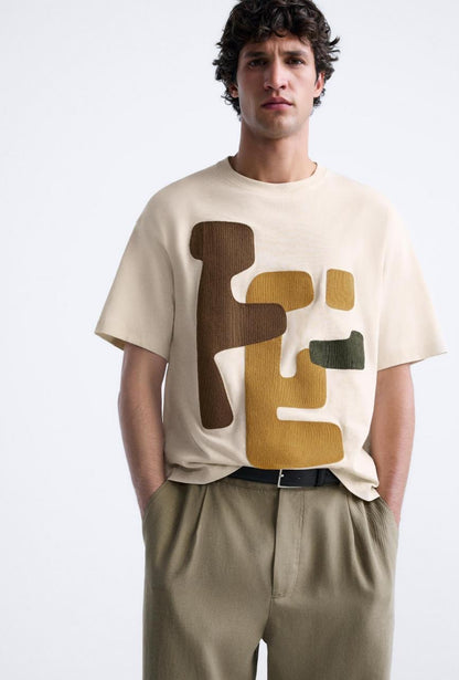 ZARA Men’s Beige T-Shirt with Textured Abstract Design