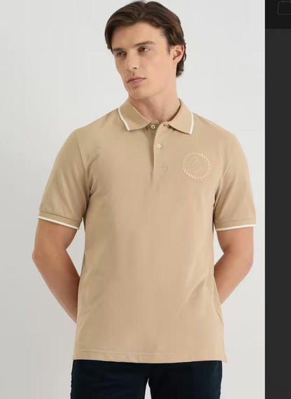 Men’s Beige Polo T-Shirt with White Piping Detail