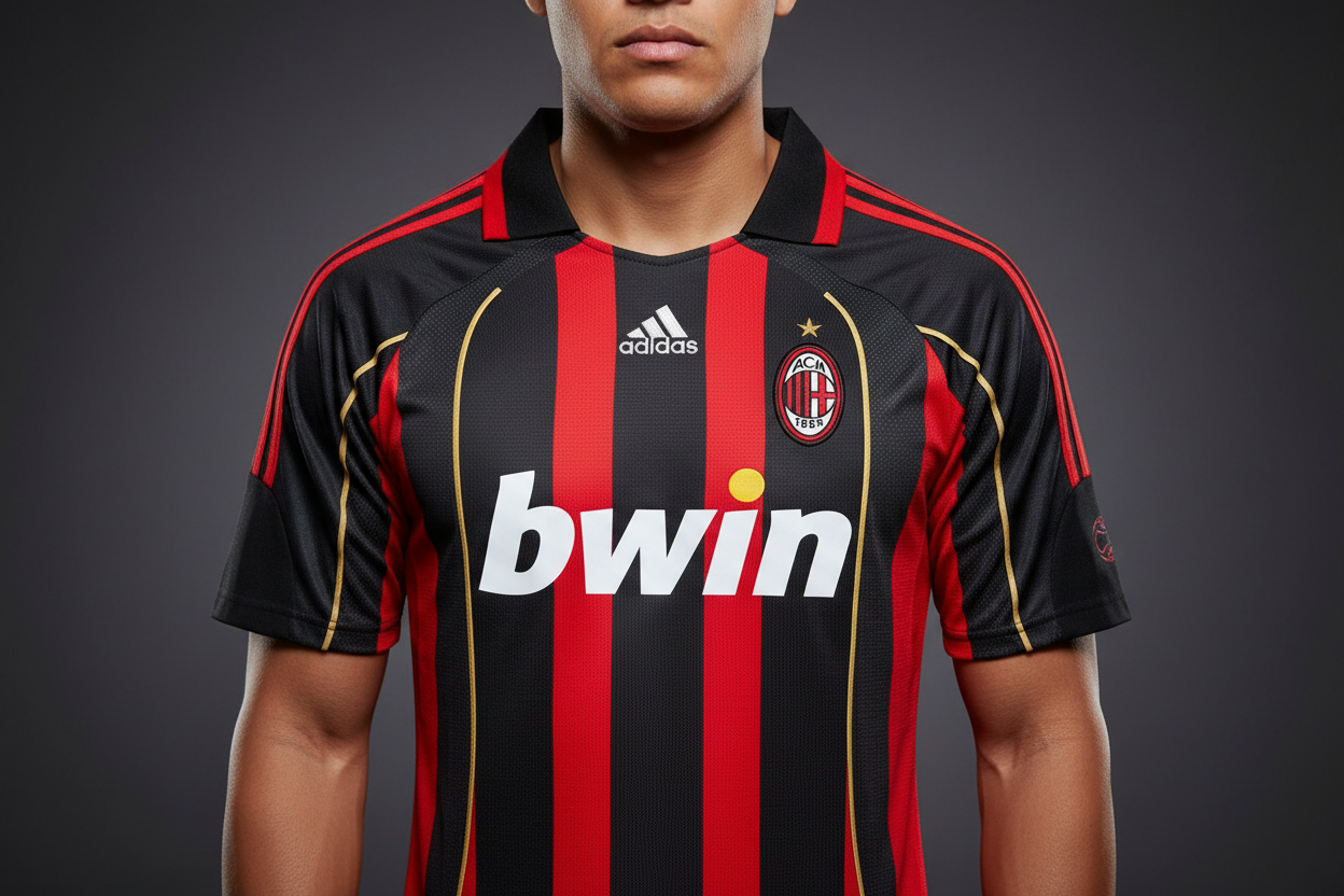 AC Milan Retro Jersey – Close-up crest and gold pinstripe detail