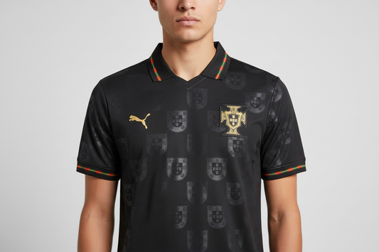Portugal Black Jersey – Close-up gold crest and pattern detail