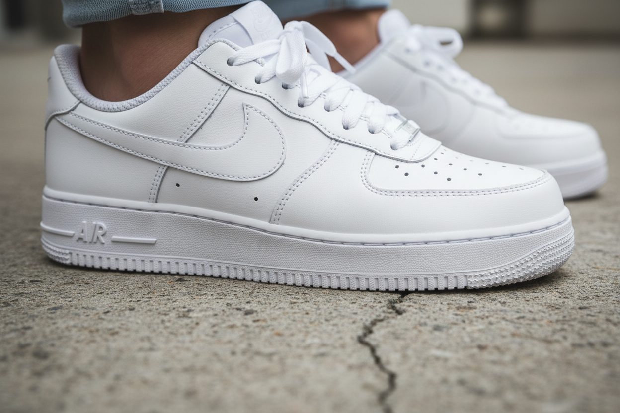 Air Force 1 Triple White – On-feet close-up detail