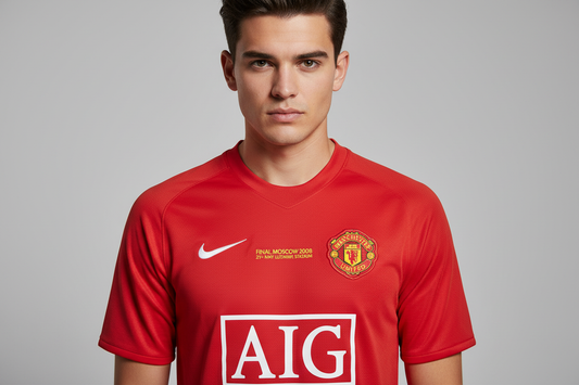 Man United Retro Jersey – Close-up crest and UCL Final Moscow 2008 badge
